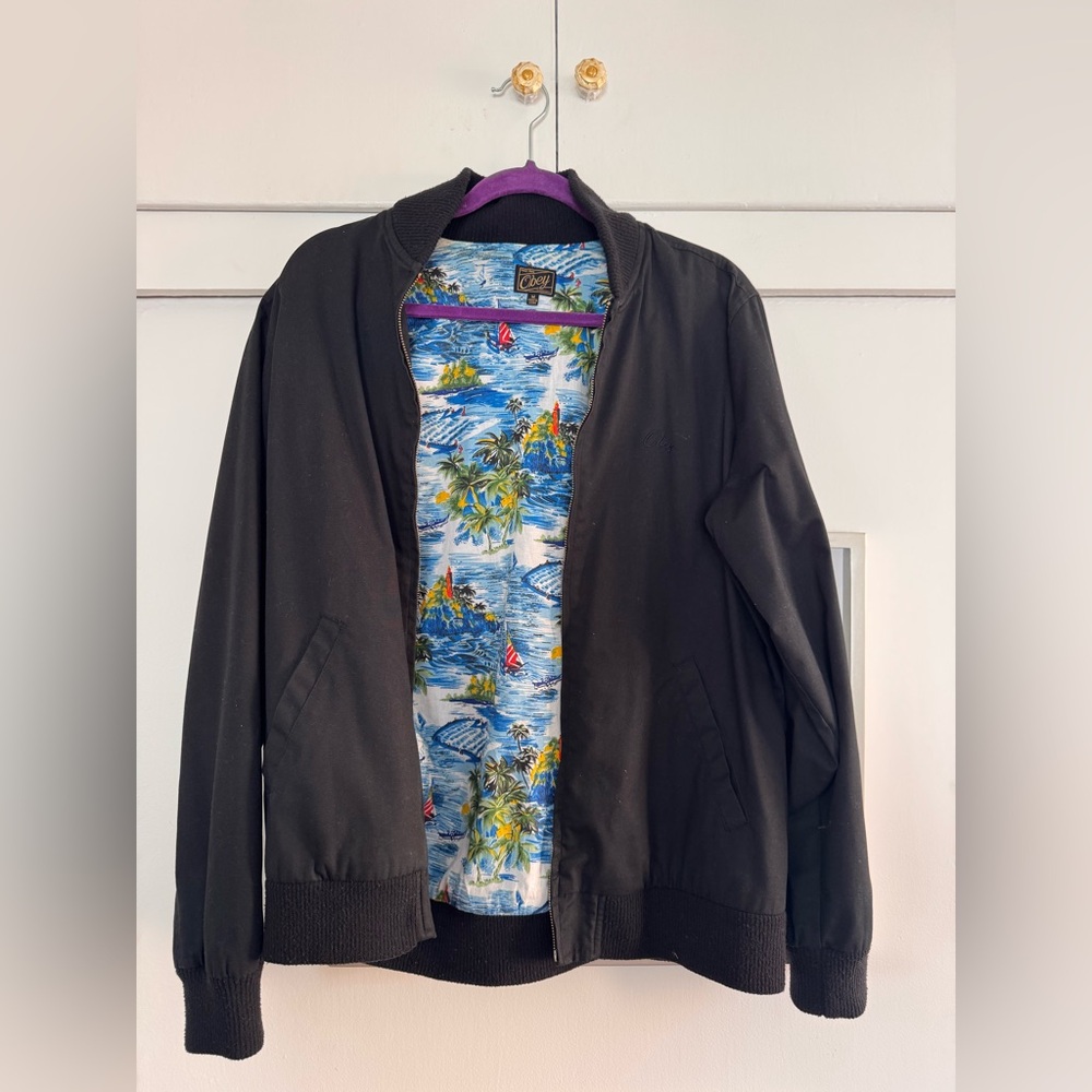 Obey | Black Bomber Jacket with Tropical Print Lining